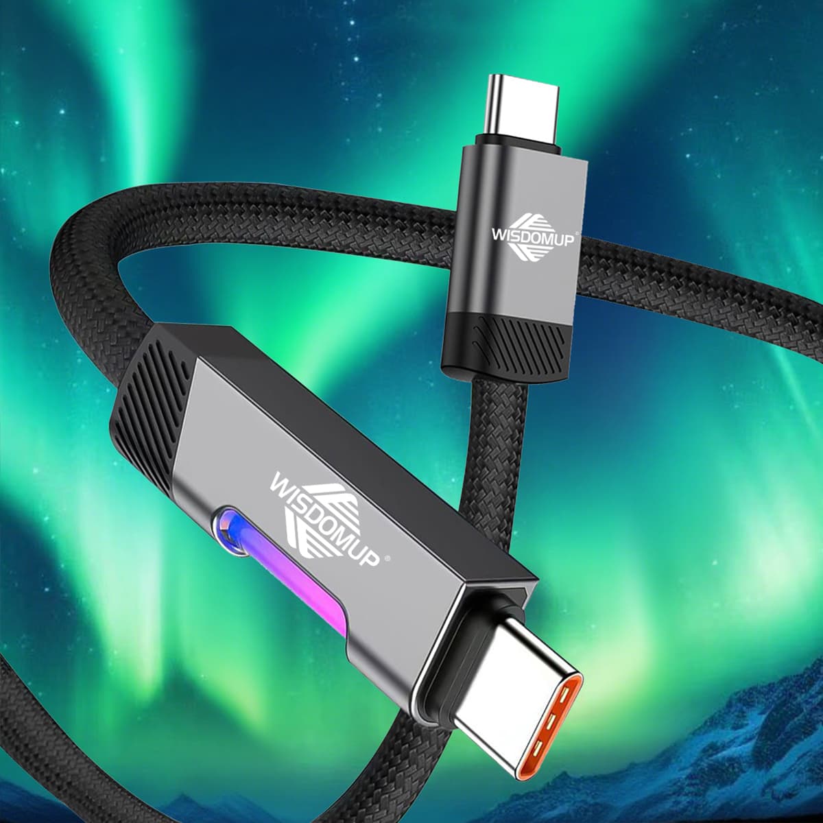 SJX-45CC 60W Power Delivery Type-C to Type-C Fast Charging Cable � 1.2-Meter Premium Nylon Braided Wire with Dynamic RGB Sidelight Indicator
