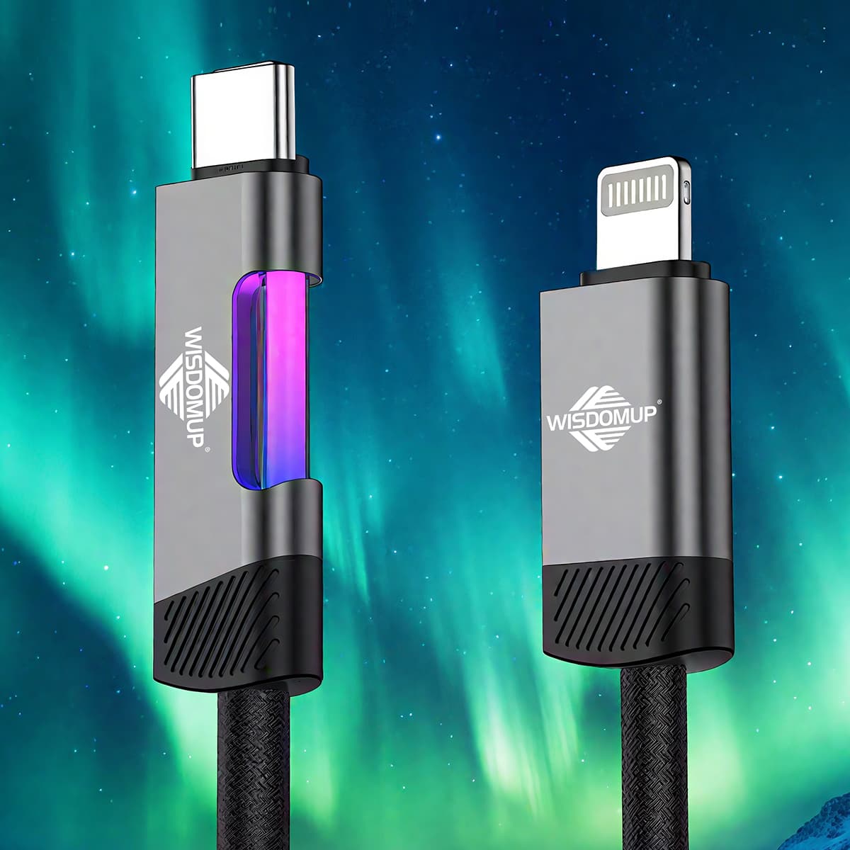 SJX-45CL 27W Power Delivery Type-C to Lightning Fast Charging Cable � 1.2-Meter Premium Nylon Braided Wire with Dynamic RGB Sidelight Indicator