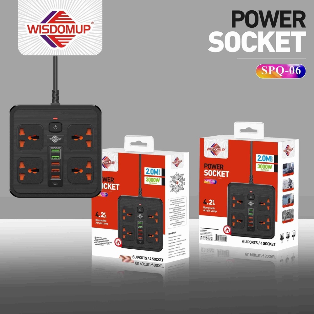 SPQ-06 4-Socket Power Strip with 6 USB